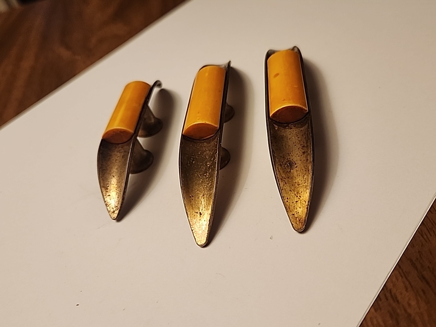 3 Vtg Art Deco Brass Cabinet Drawer Pulls Bakelite Centers Rare Retro Salvage