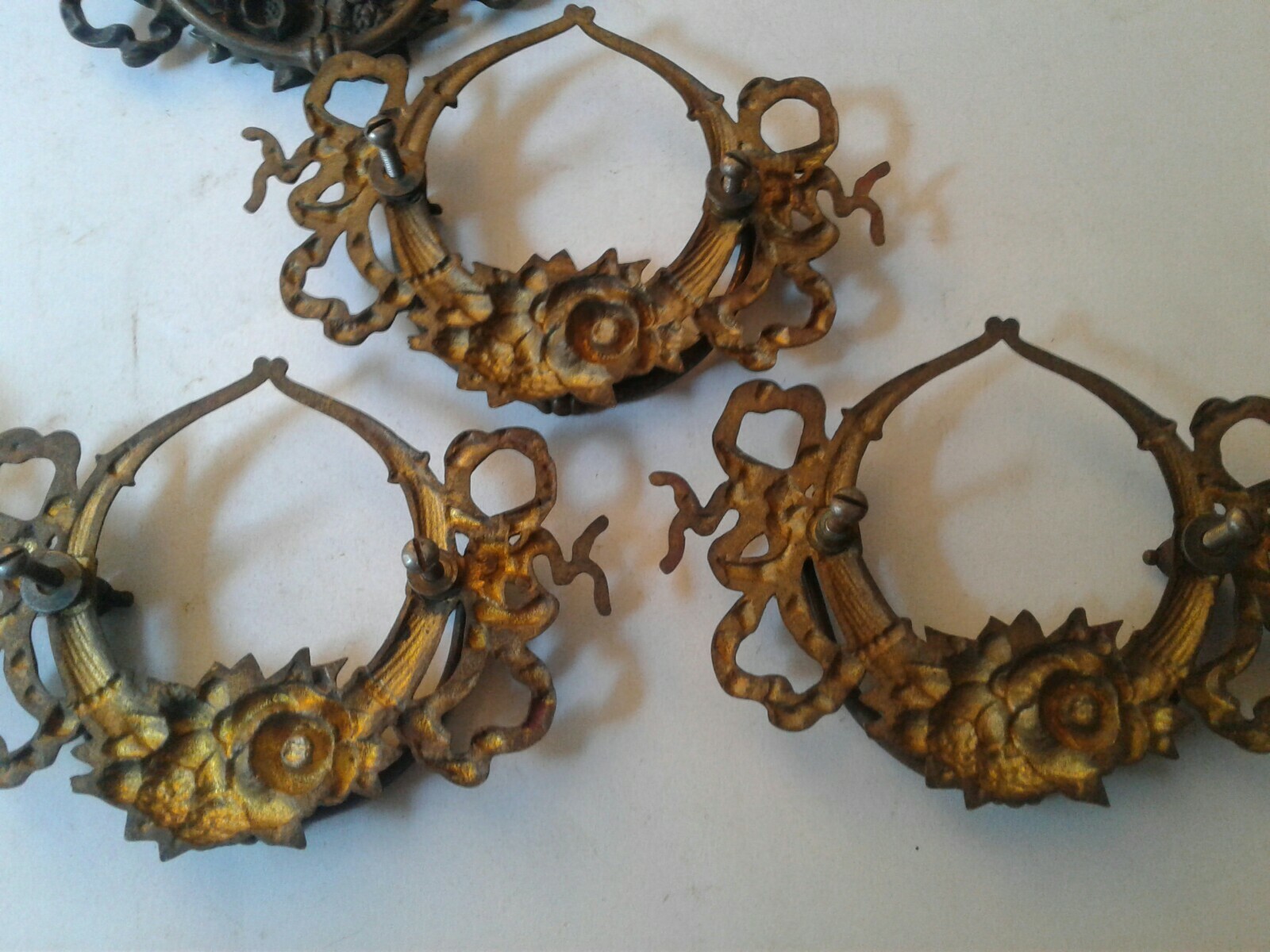 Antique / Vintage Drop Bail Pulls Drawer Pulls Ornate Brass Hardware Lot of 6
