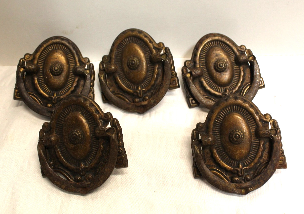 Lot of 5 Victorian Shield Motif with Drop Ring Pull Dresser Drawer Pulls Brass