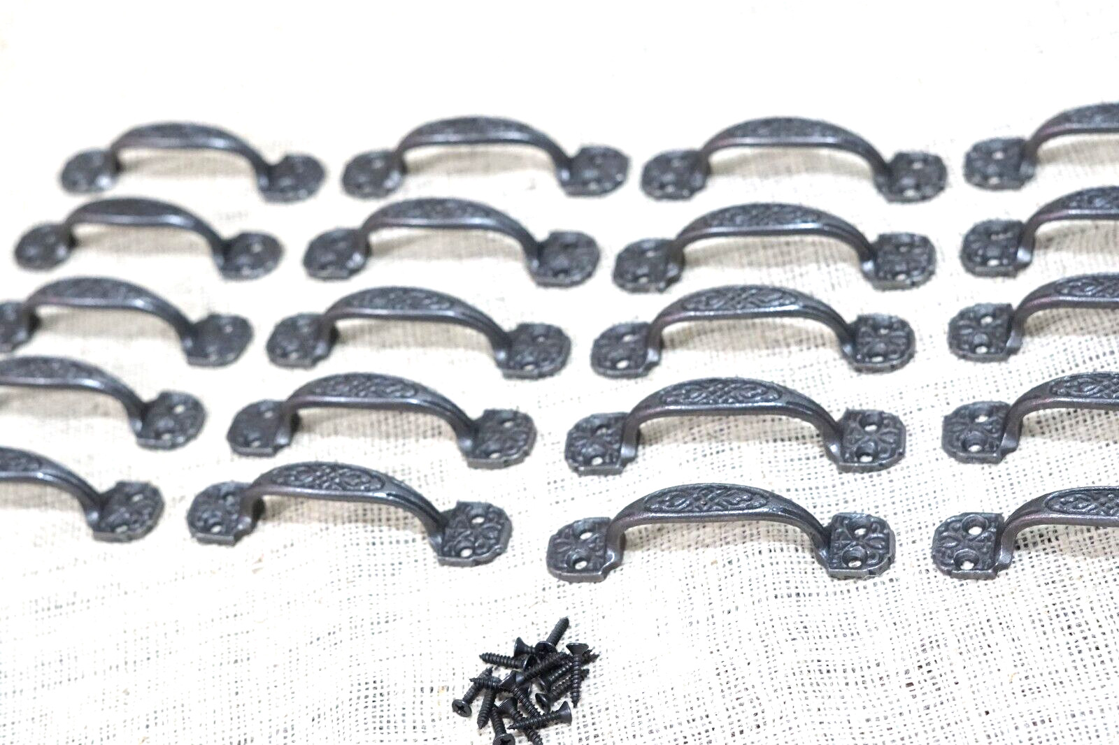 25 Small Drawer Pulls 4 1/4″ Window Antique Vintage Style Ornate Cast Iron Grasp