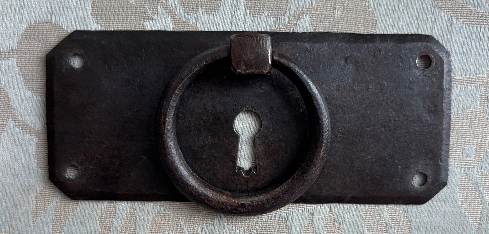 Vintage French Drawer Metal Hardware Drop Ring Pull Keyhole Cover Plate Salvage