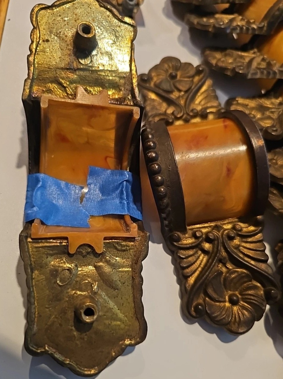 6-2 piece. Art Nouveau heavy brass drawer pulls/handles 6″ x 2″ VTG Bakelite