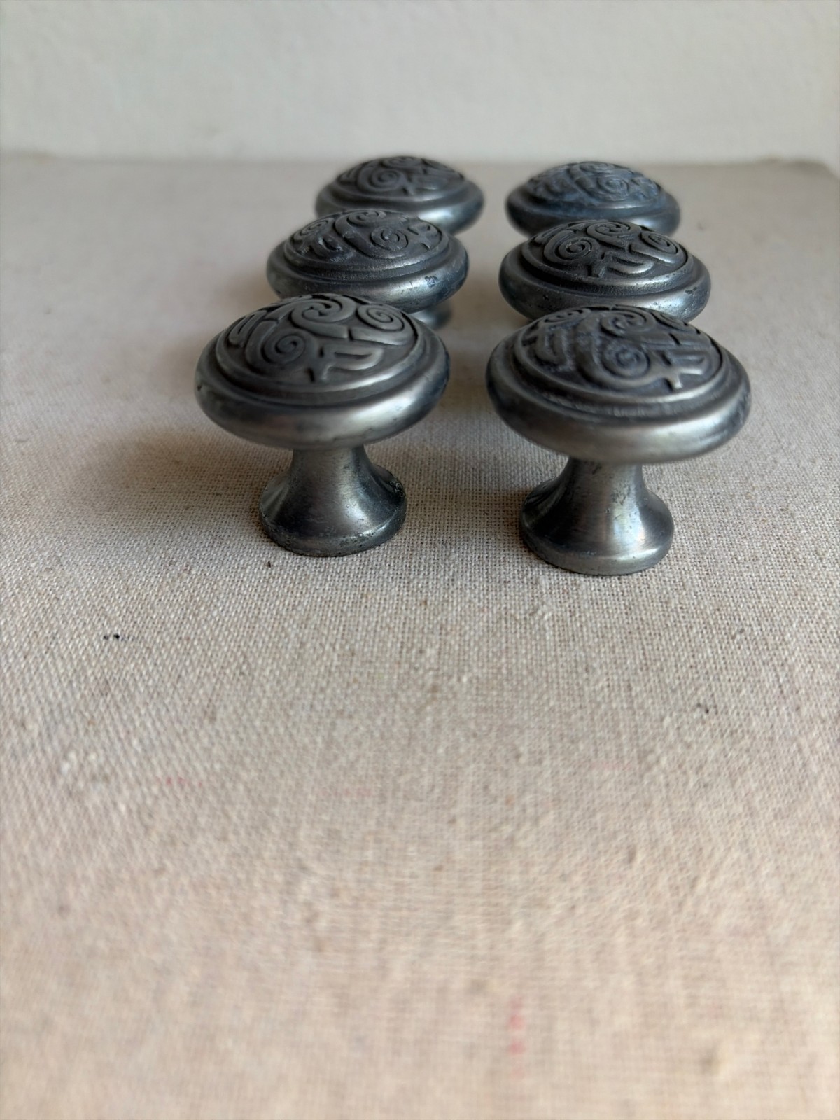 Set of 6 Celtic Triskele Drawer or Cabinet Pulls Lindisfarne Spiral Pewter Finis