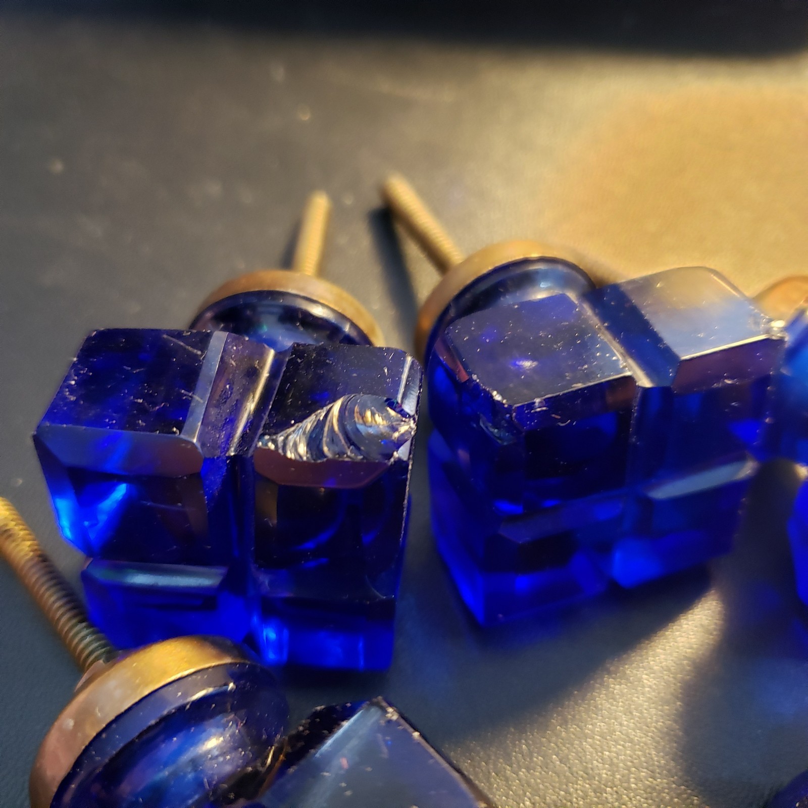 Vintage Cobalt Blue Cut Glass Square Drawer Knobs Pulls Brass Lot of 6