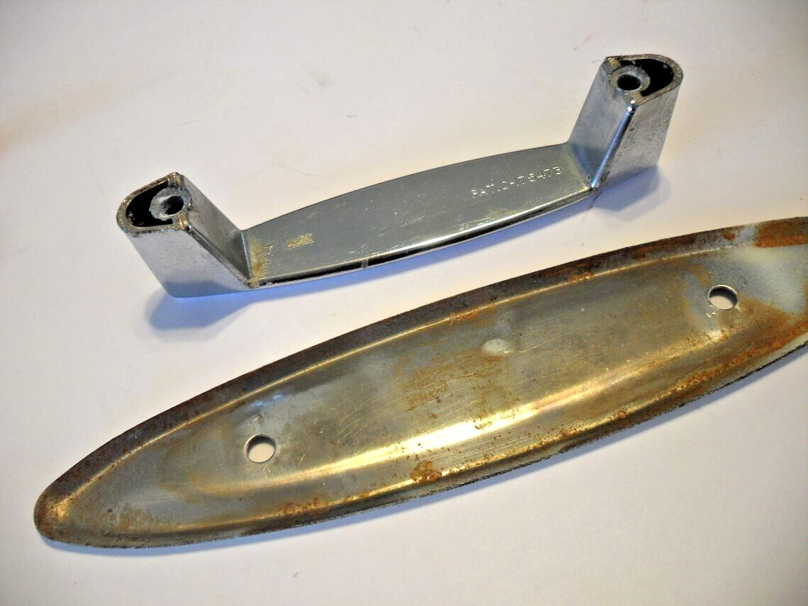 Vintage Chrome Concave Drawer Pull Cabinet Door Handle w White Backplate Ajax