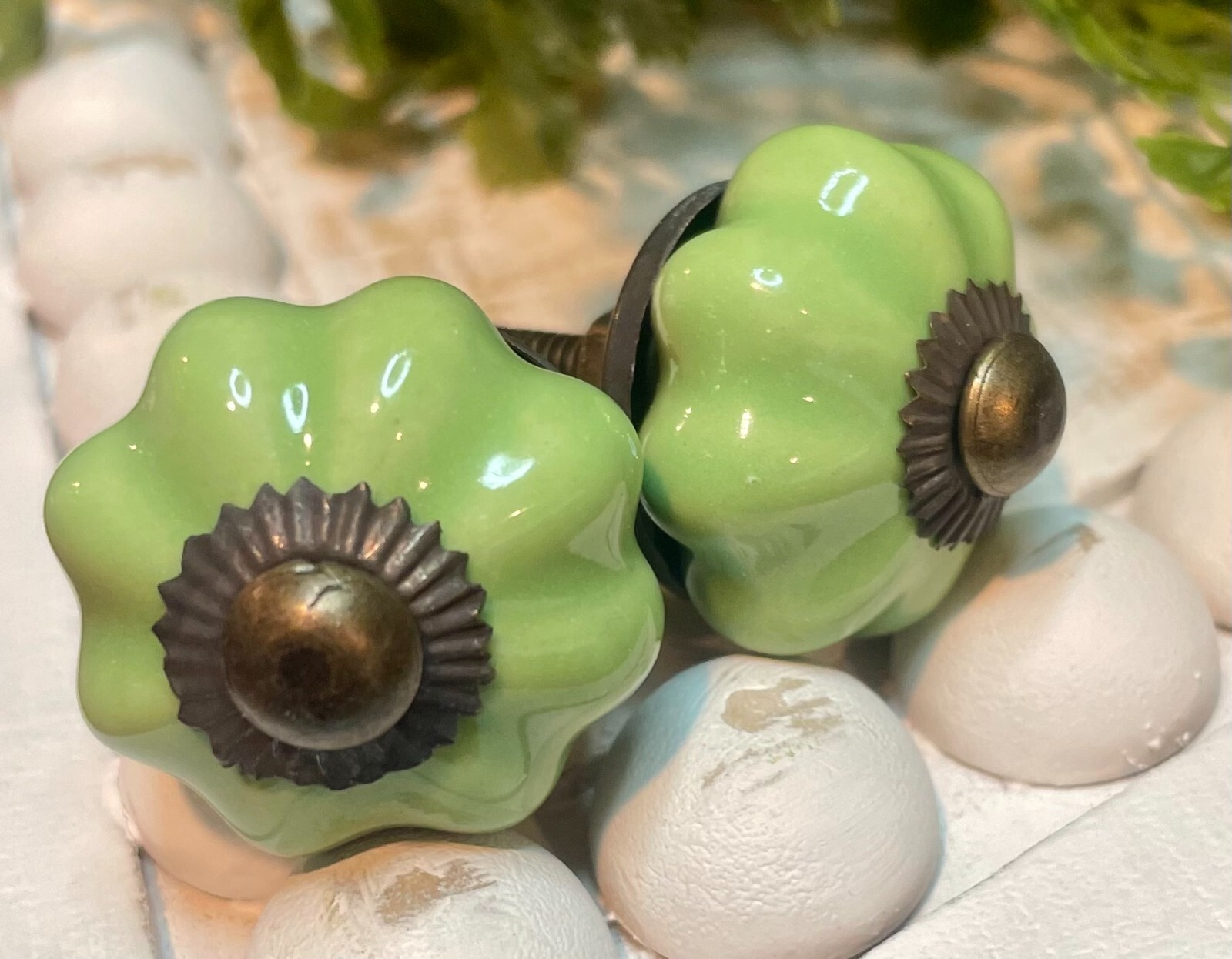 Antique Ceramic Gold Bronze Drawer Pulls Green Flower Door Kitchen Cabinet Knob