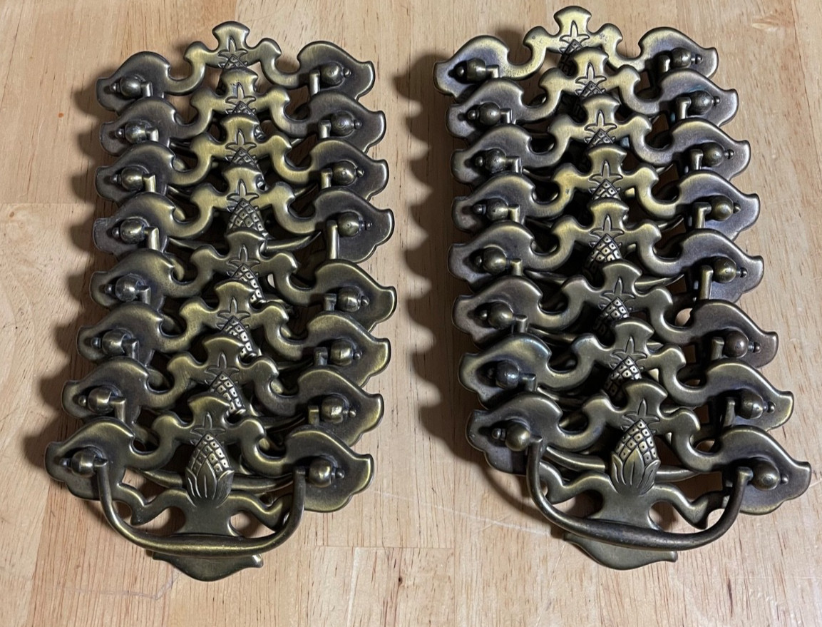 16 Pc VTG Bassett Aged Brass Pineapple Drop Bail Drawer Pull Handles w/ Screws
