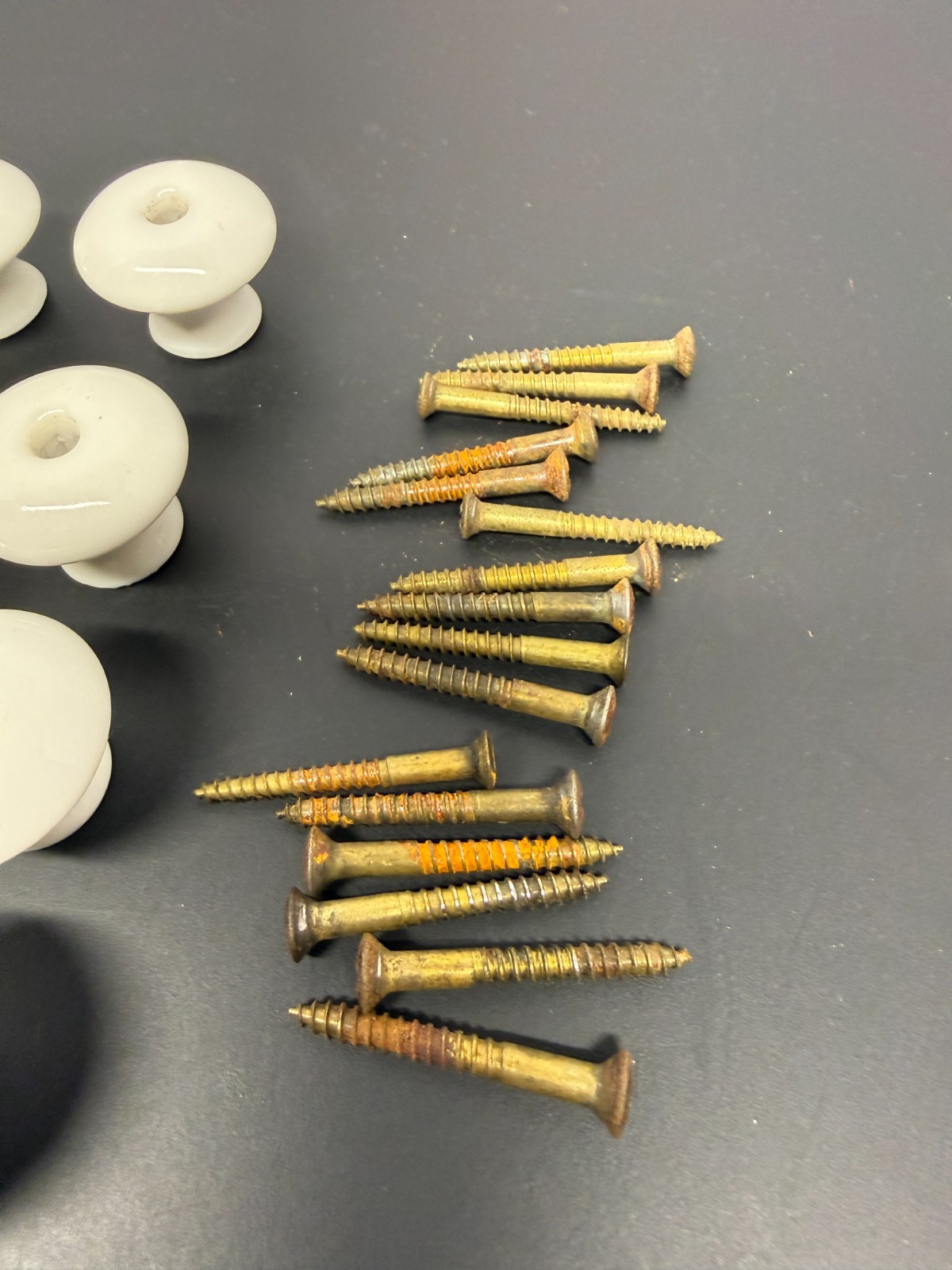 Group of 16 Vintage White Porcelain Pull Drawer Knobs w/ Screws 1-1/4″ Wide