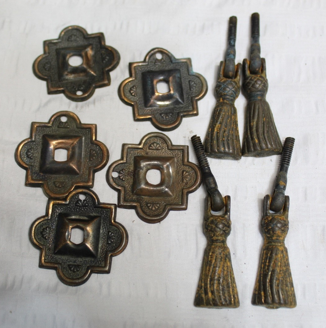 Lot of 4 Antique Vintage Ornate Copper & Brass Drawer Pulls w/ Back Plates