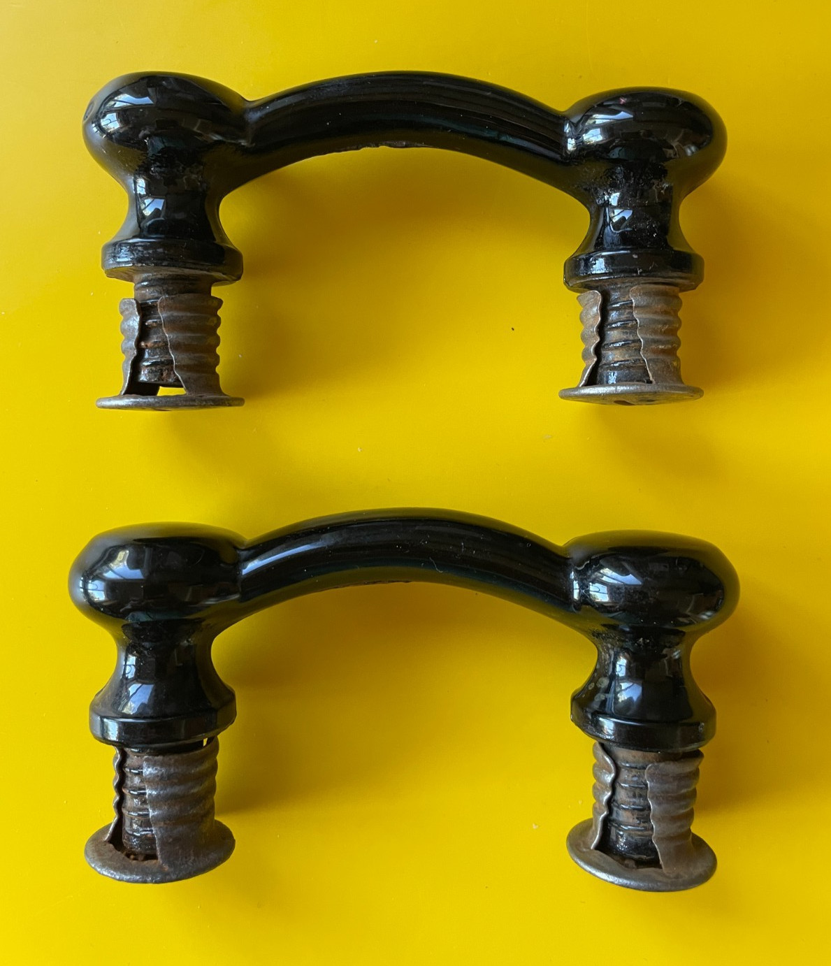 2 Edwardian Eastlake Black Milk Glass Cabinet Pulls w/ Threaded Backs 1920-30s