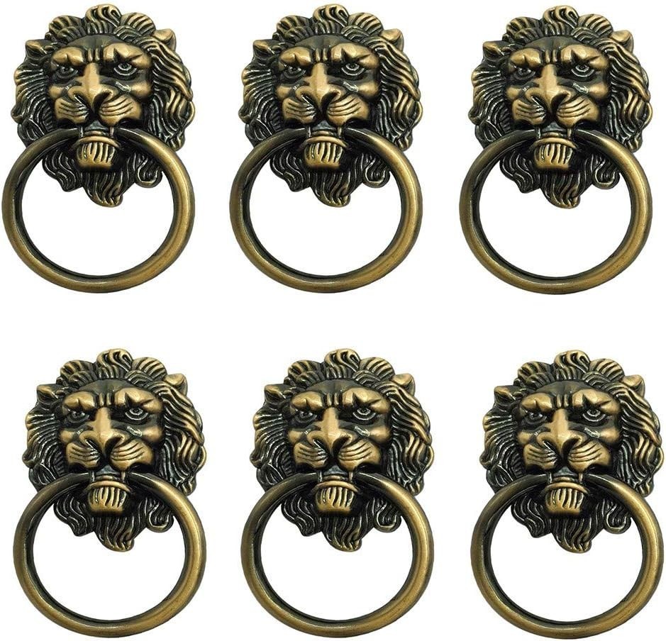 6 Pcs Lion Head Knobs Pull, Antique Bronze Ring Pull Handles for Dresser Drawers