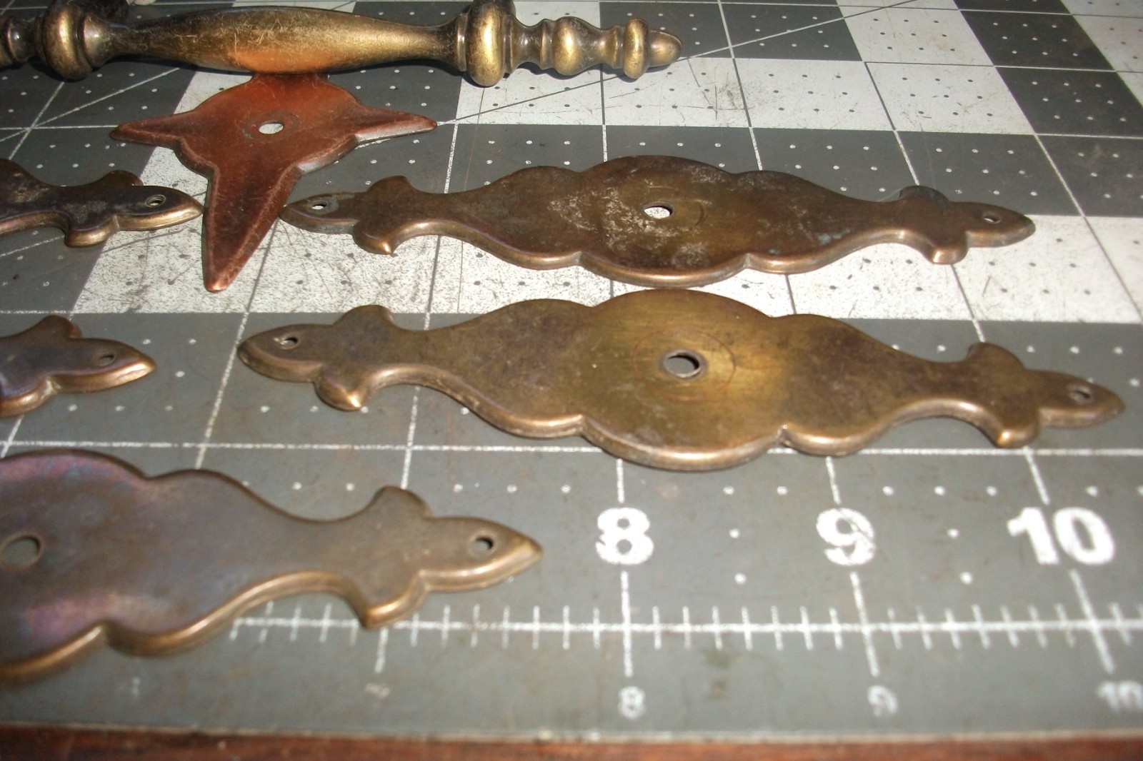 LOT 1920s/30s Vintage Art DecoBrass Handle Drawer Pull 3″ centers+backing plates