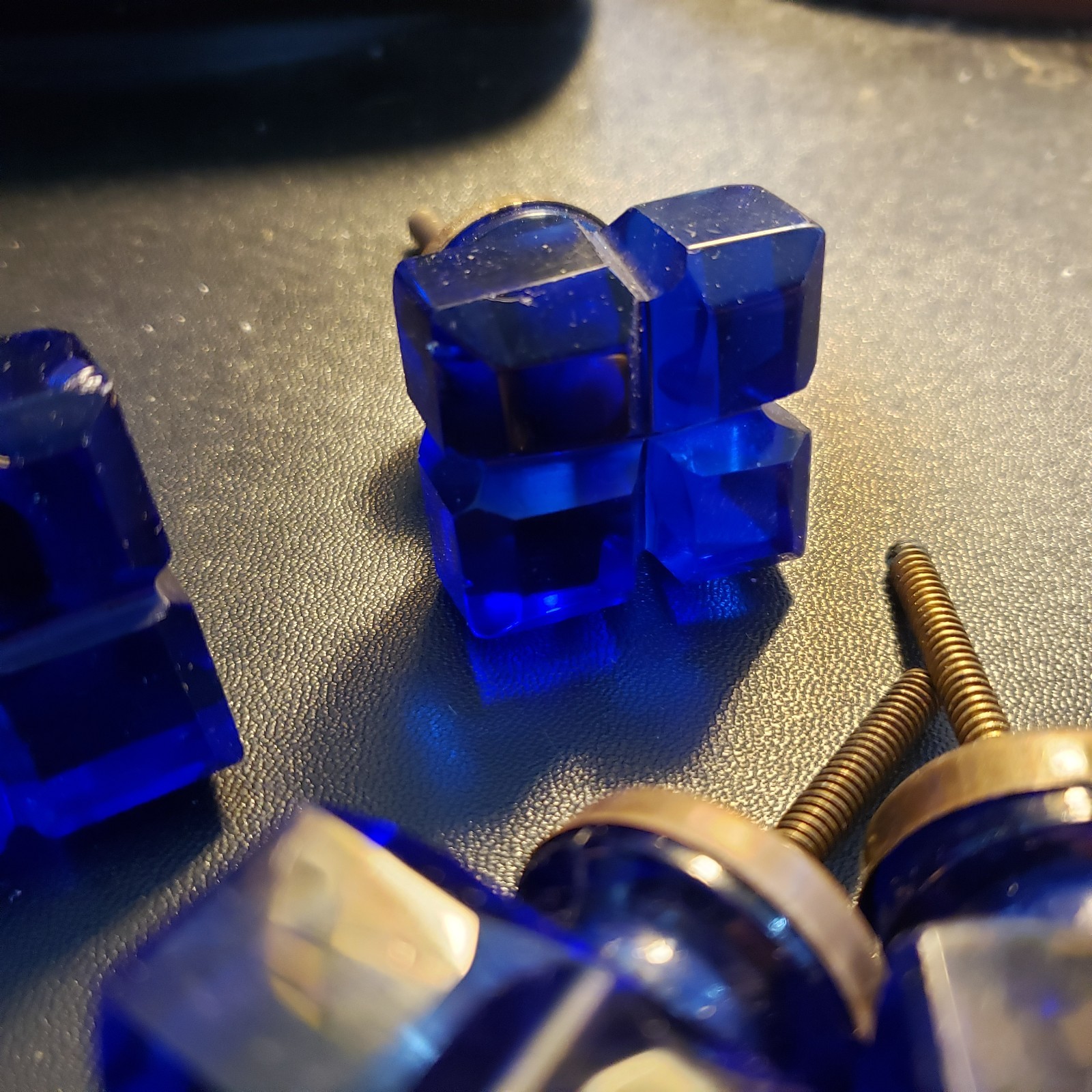 Vintage Cobalt Blue Cut Glass Square Drawer Knobs Pulls Brass Lot of 6