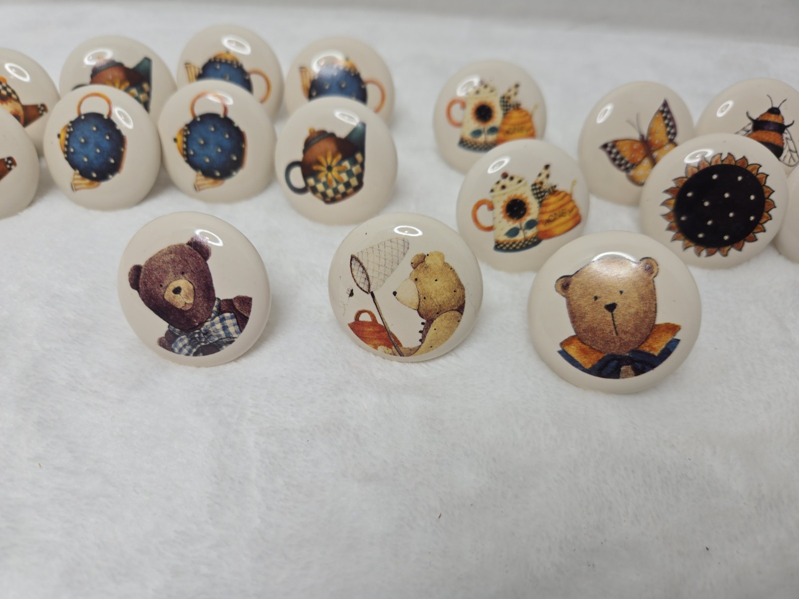Set 18 Vintage 1 1/2″ Round Porcelain Drawer Pull Knobs, bears, bee, kettle