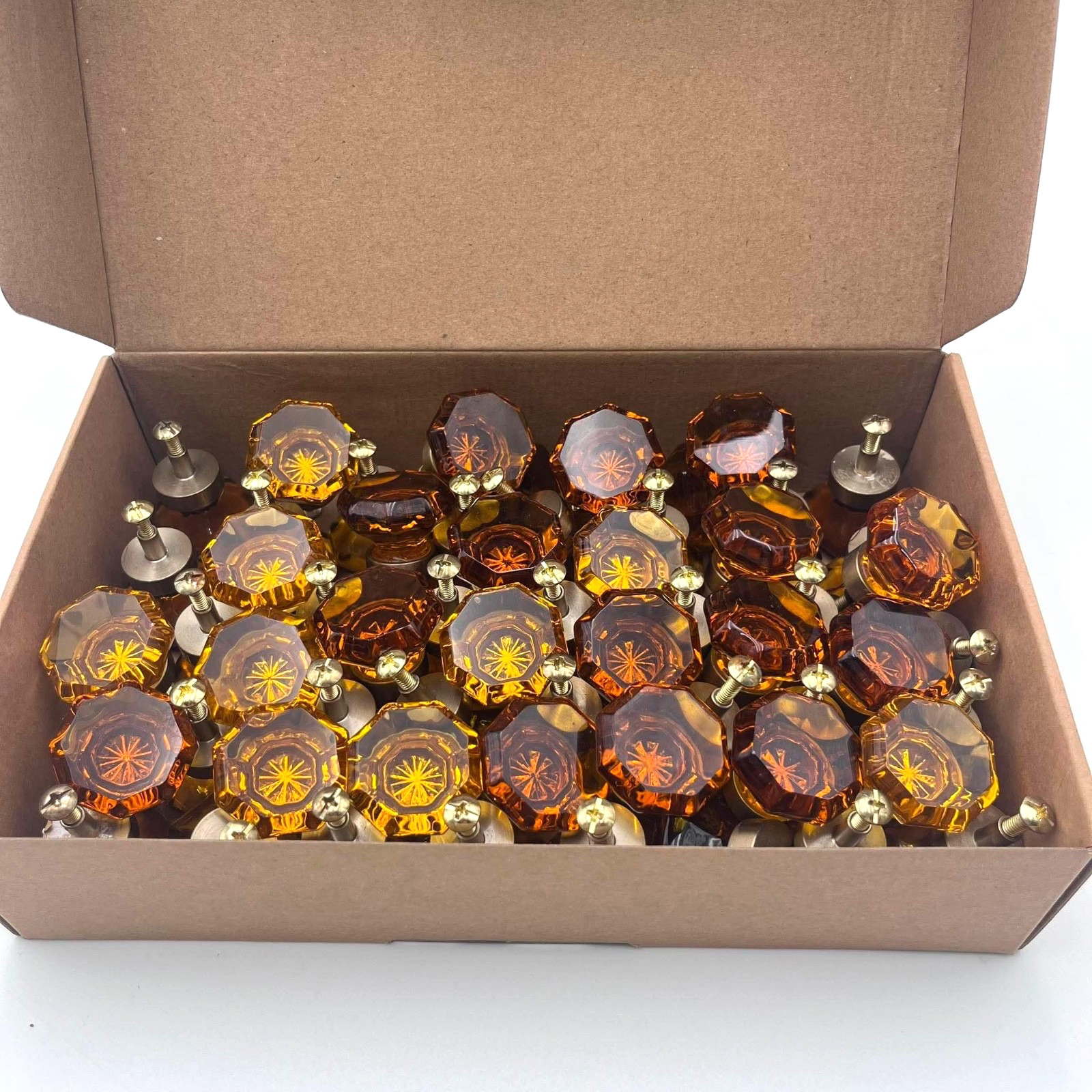 Vintage Amber Glass Cabinet/Drawer Knobs Octagon Crystal Dresser Pulls
