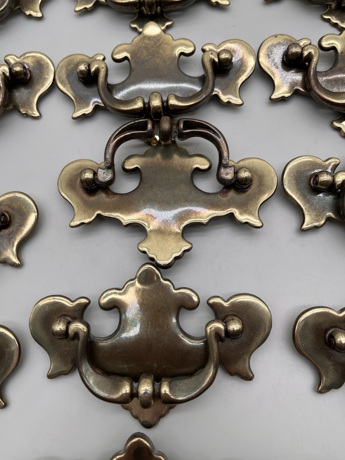 Set 22 Vtg Brass Chippendale Batwing Drawer Pulls Bail Handles & 6 Ring Pulls