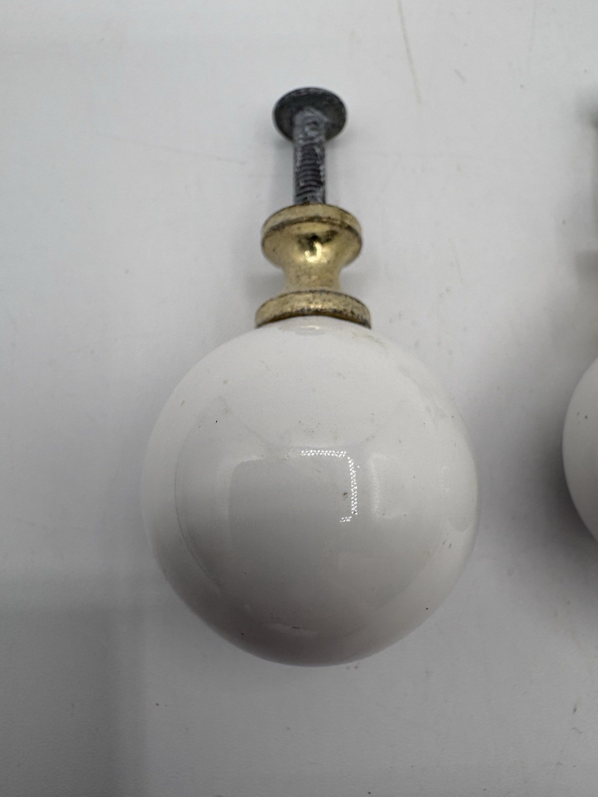 Vintage White Porcelain Ceramic Ball Drawer Pulls Brass Cabinet Knobs Lot of 4