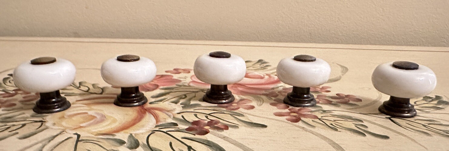 Set of 5 Vintage White Porcelain & Brass Knobs/Pulls~Attic Find~Mushroom Shaped