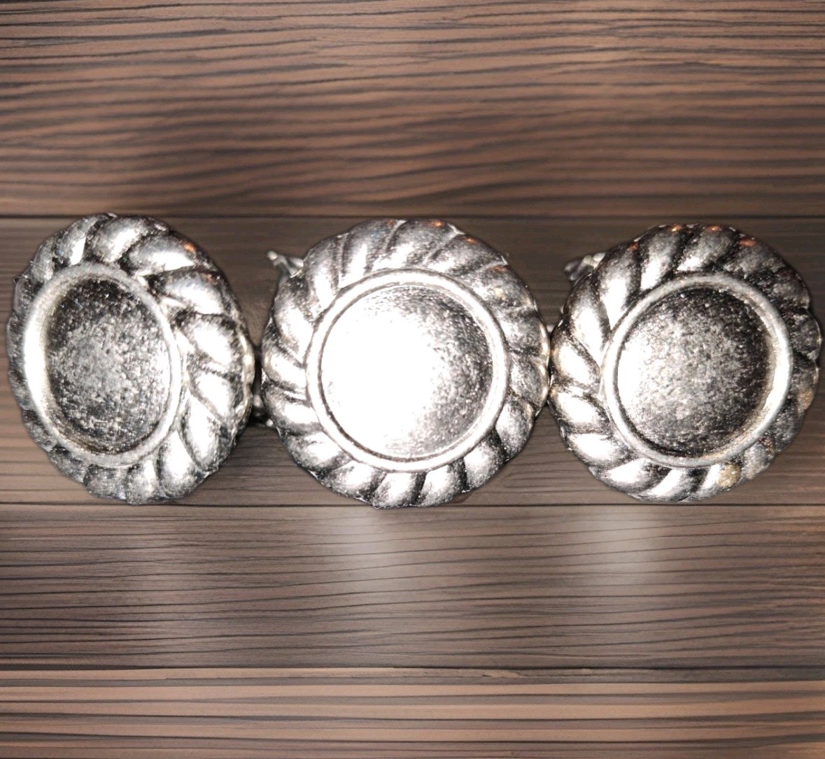 Lot of 8 Vintage Silver Tone Cabinet Knobs Round Twisted Rope Border Pulls GUC