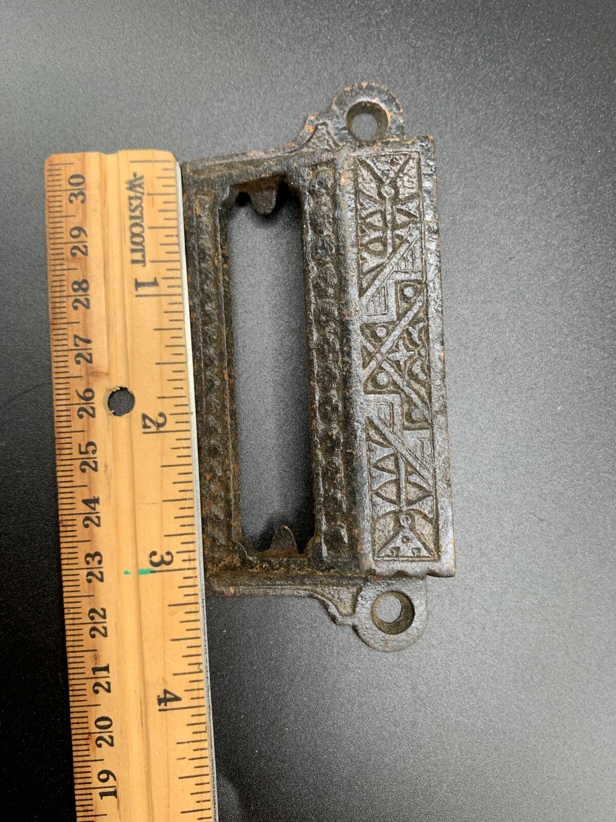 Antique Ornate Eastlake rectangular drawer handle pull with window cast Brass