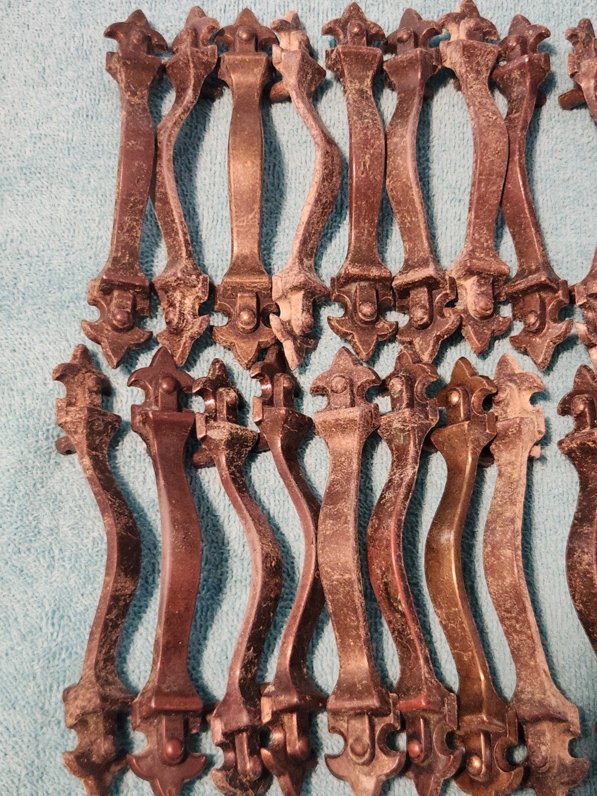 Lot of 34 Vintage Brass Droor Pulls W Some Hardware Patina Unique 5 1/2″