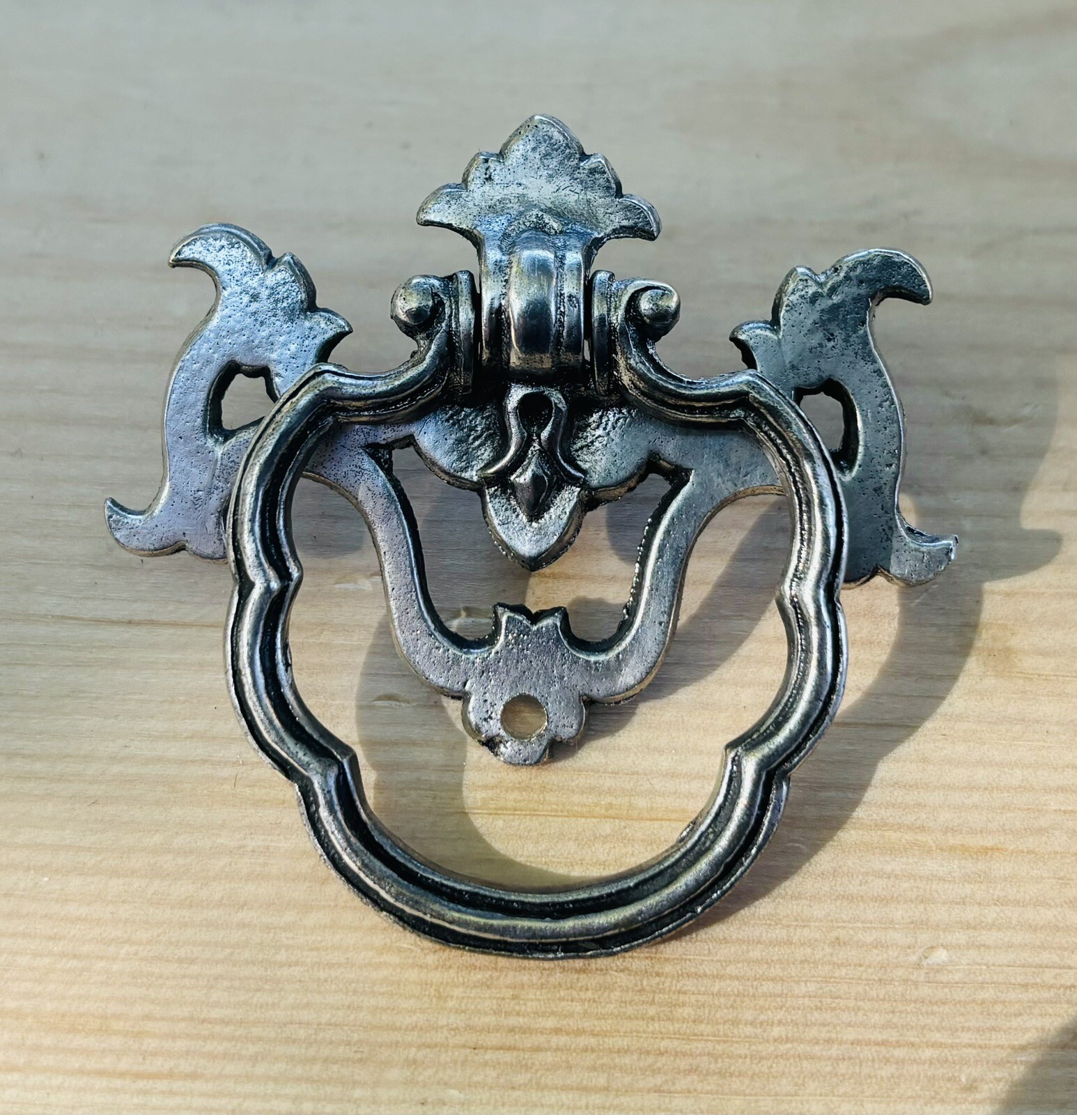 RARE Silver Nickel Antique Hardware Drawer Pull Victorian Brass Drop Ring F205