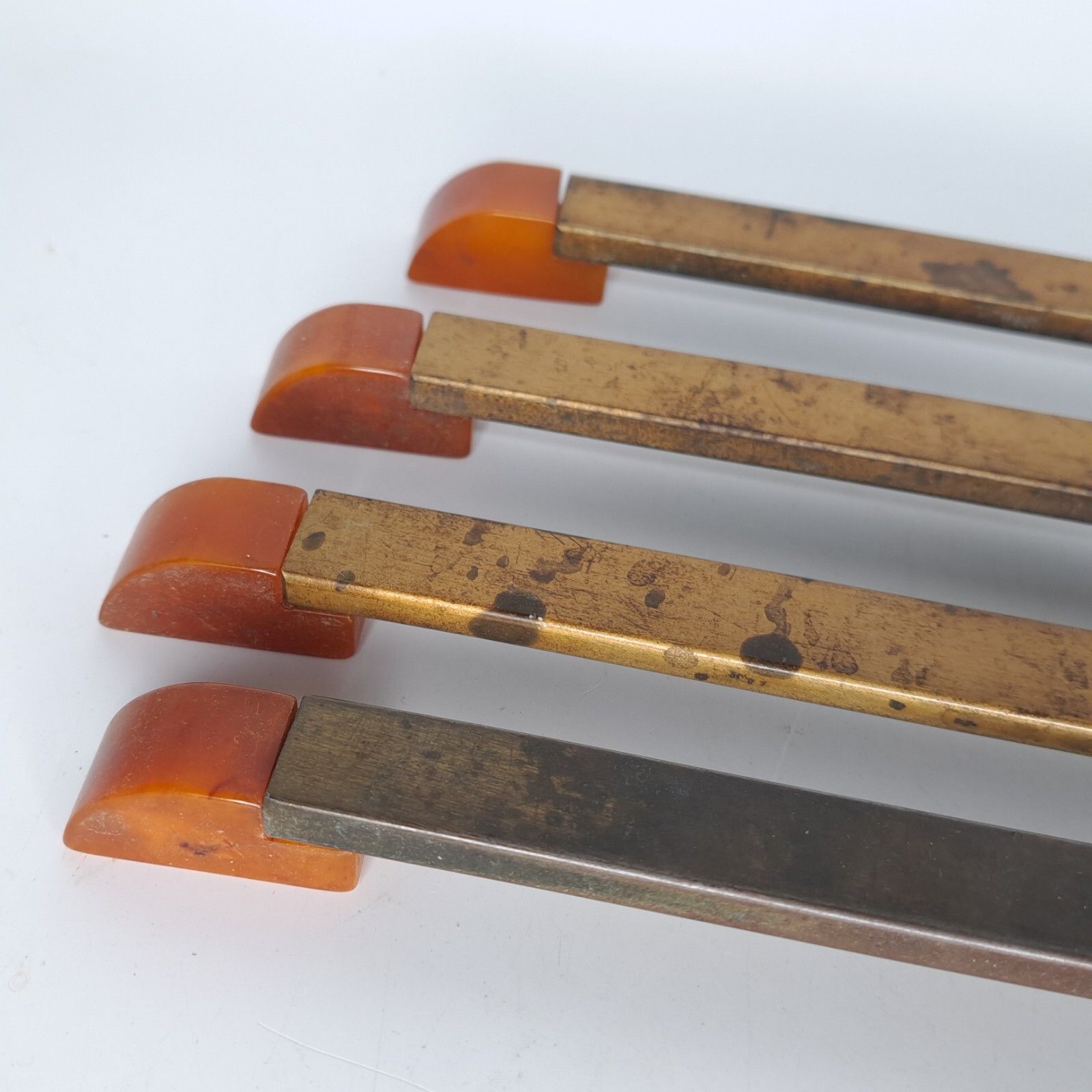 4 Antique ART DECO Butterscotch Bakelite Brass Plated Bar Drawer Pulls Reclaimed
