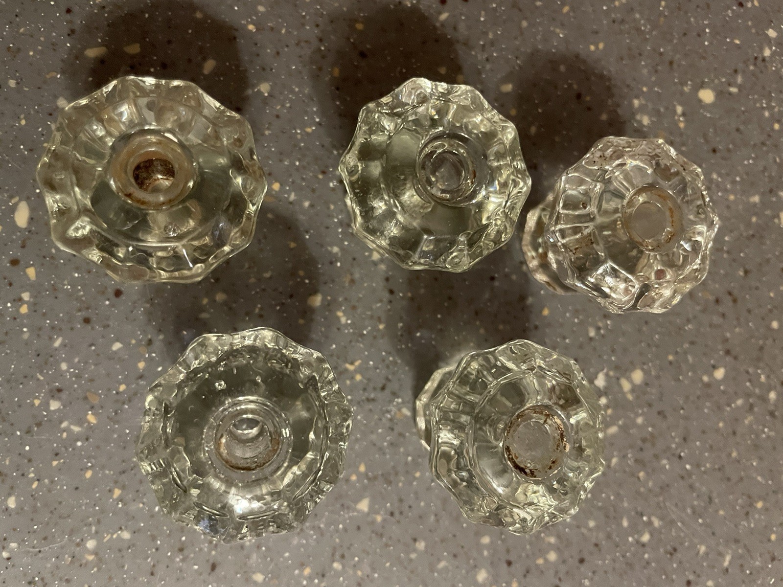 Set of 5 Vintage Depression Style Hexagon Clear Glass Drawer/ Cabinet Knob Pulls