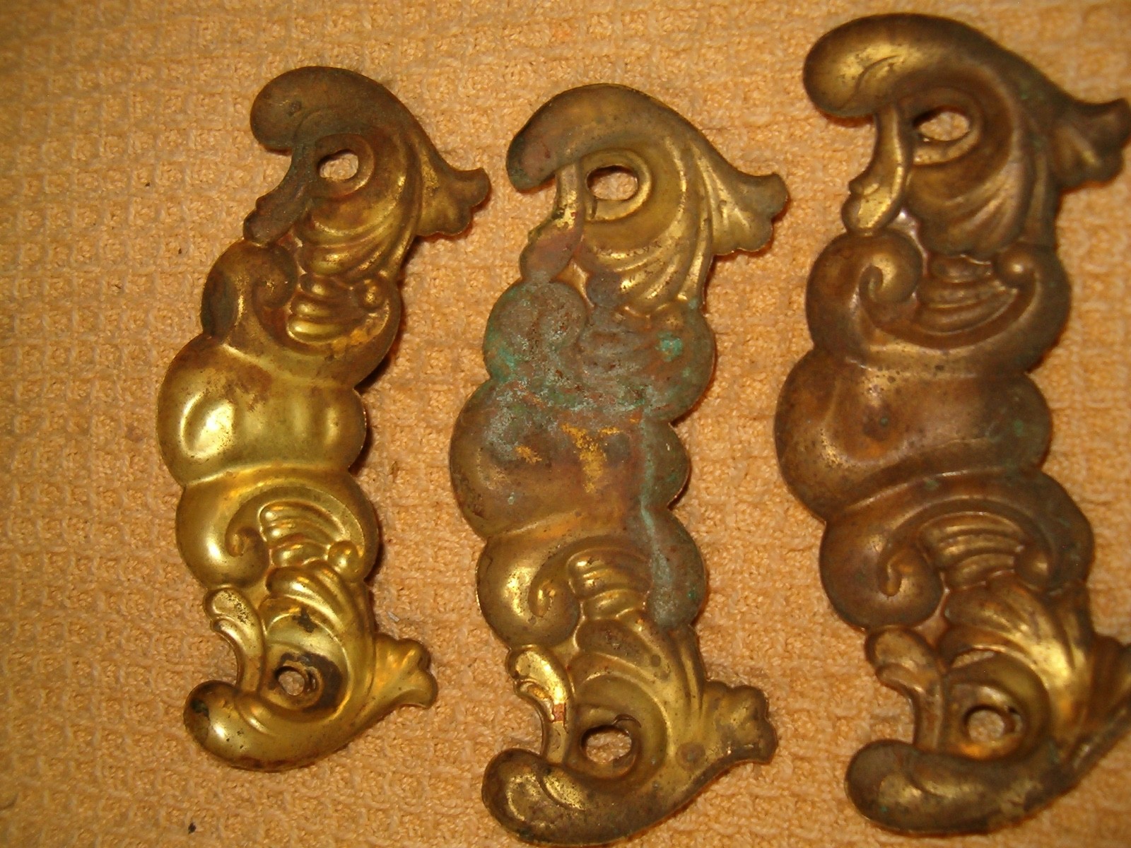 3 Antique METAL Drawer BAIL Pulls w/ tin back plates – used and worn – as is