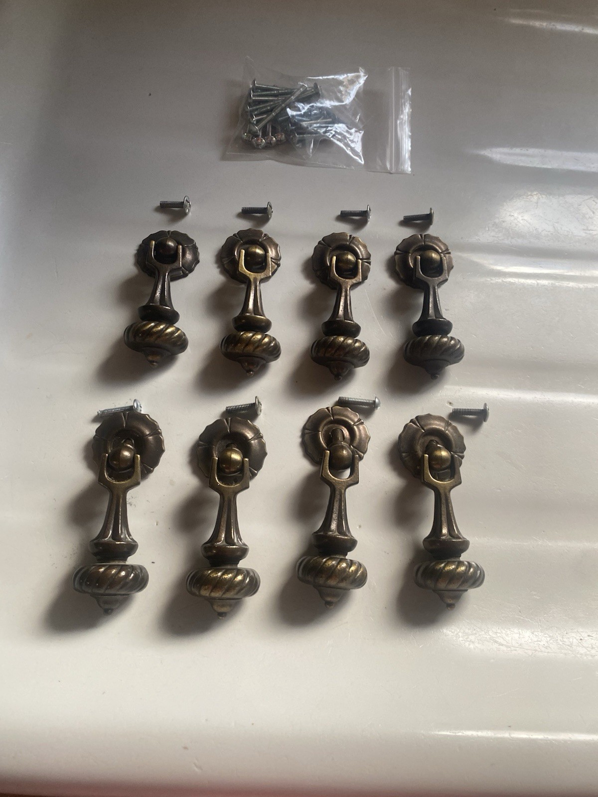 8 VTG Drexel Esperanto Antique Brass Drop Drawer Pulls W/Screws