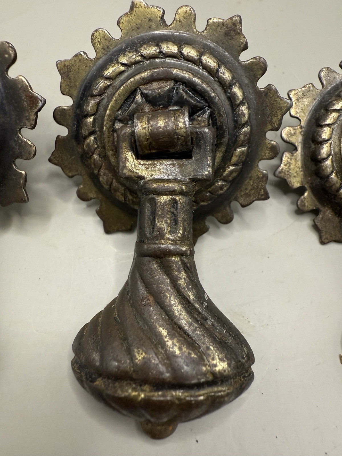 4 Antique Cast Brass Teardrop Drawer Pulls 2 3/4″ long 1 3/4 back plate