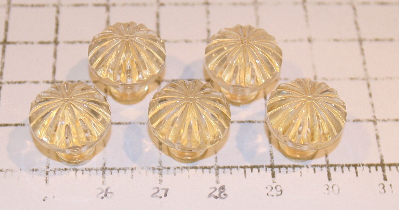 Set/5 Clear Glass Dresser Knobs 1.5” Tall 1.5 wide brass base