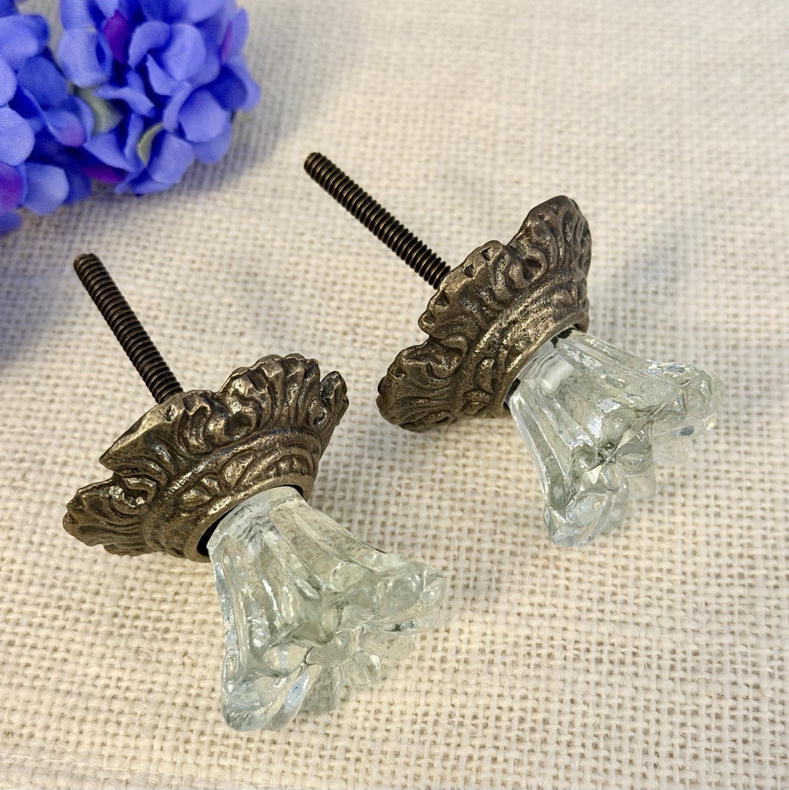 Antique Bronze w/Glass Drawer Pulls Hardware Handles Vintage Cabinet Door Knobs