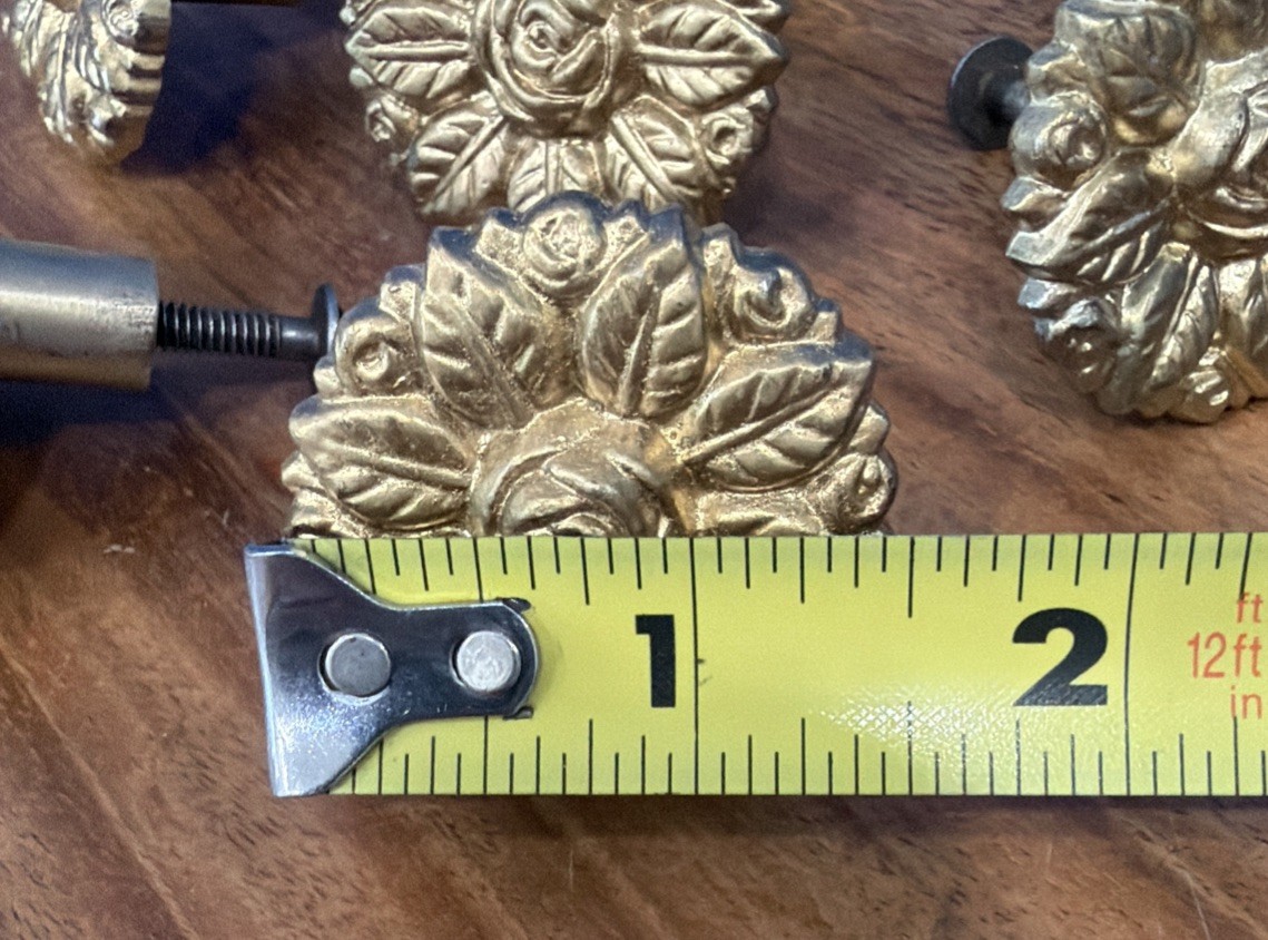Set of 8 Vtg Gold Non Magnetic Metal Drawer Knobs Ornate Floral Rose 1 1/2”