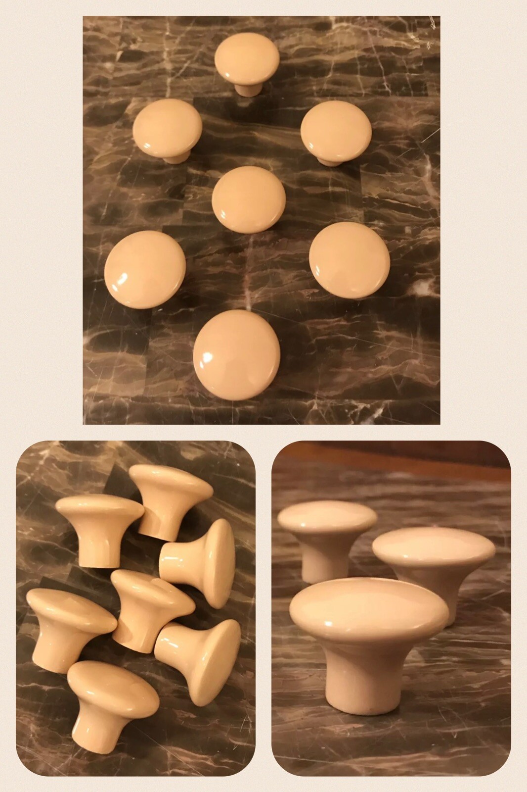 7 Knobs CERAMIC Round Tan Beige Pedestal Mushroom Shape Cabinet Drawer Vintage