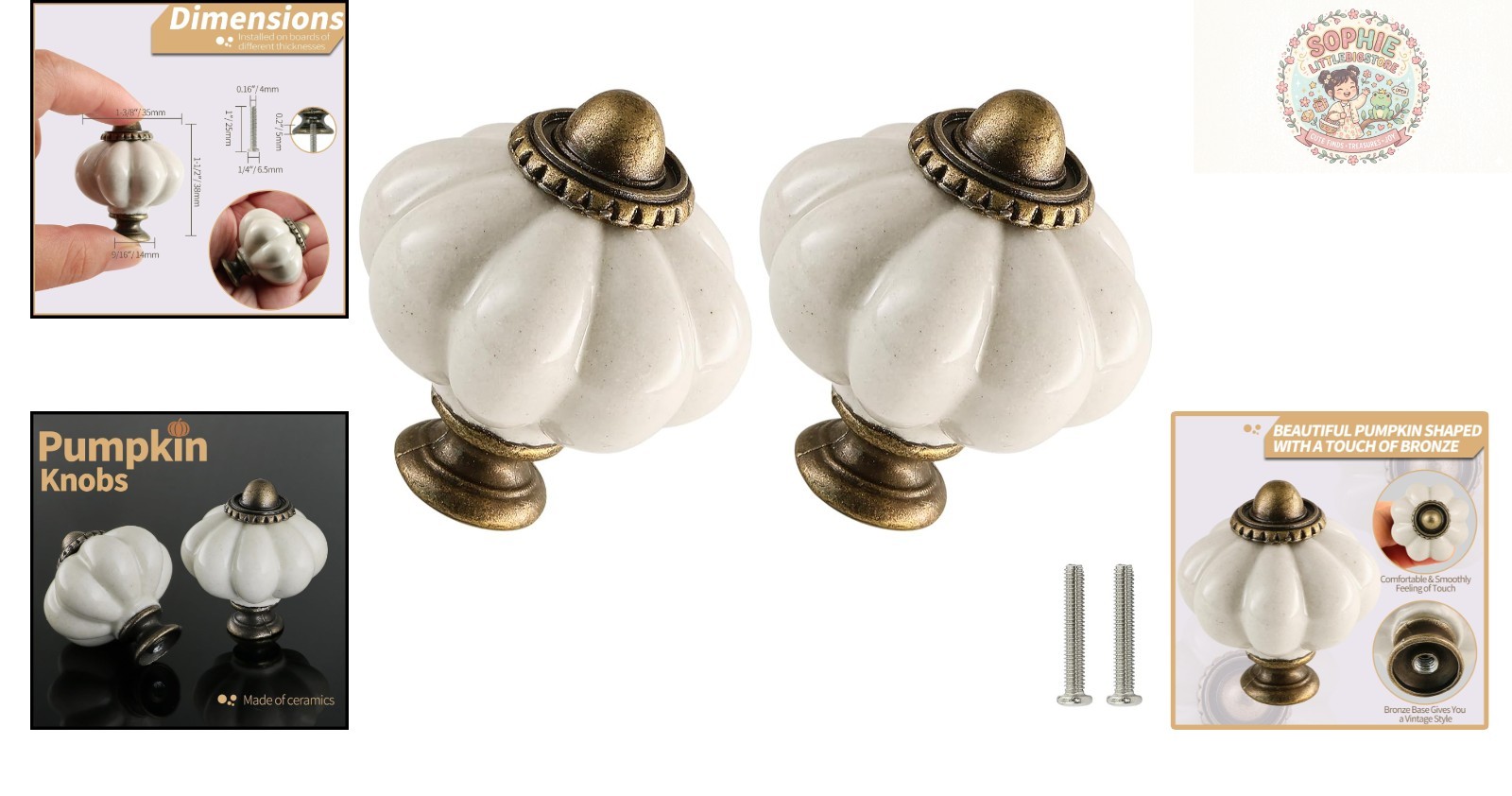 Ceramic Pumpkin Knobs 2 Pack – Antique White Vintage Drawer Pulls with Screws