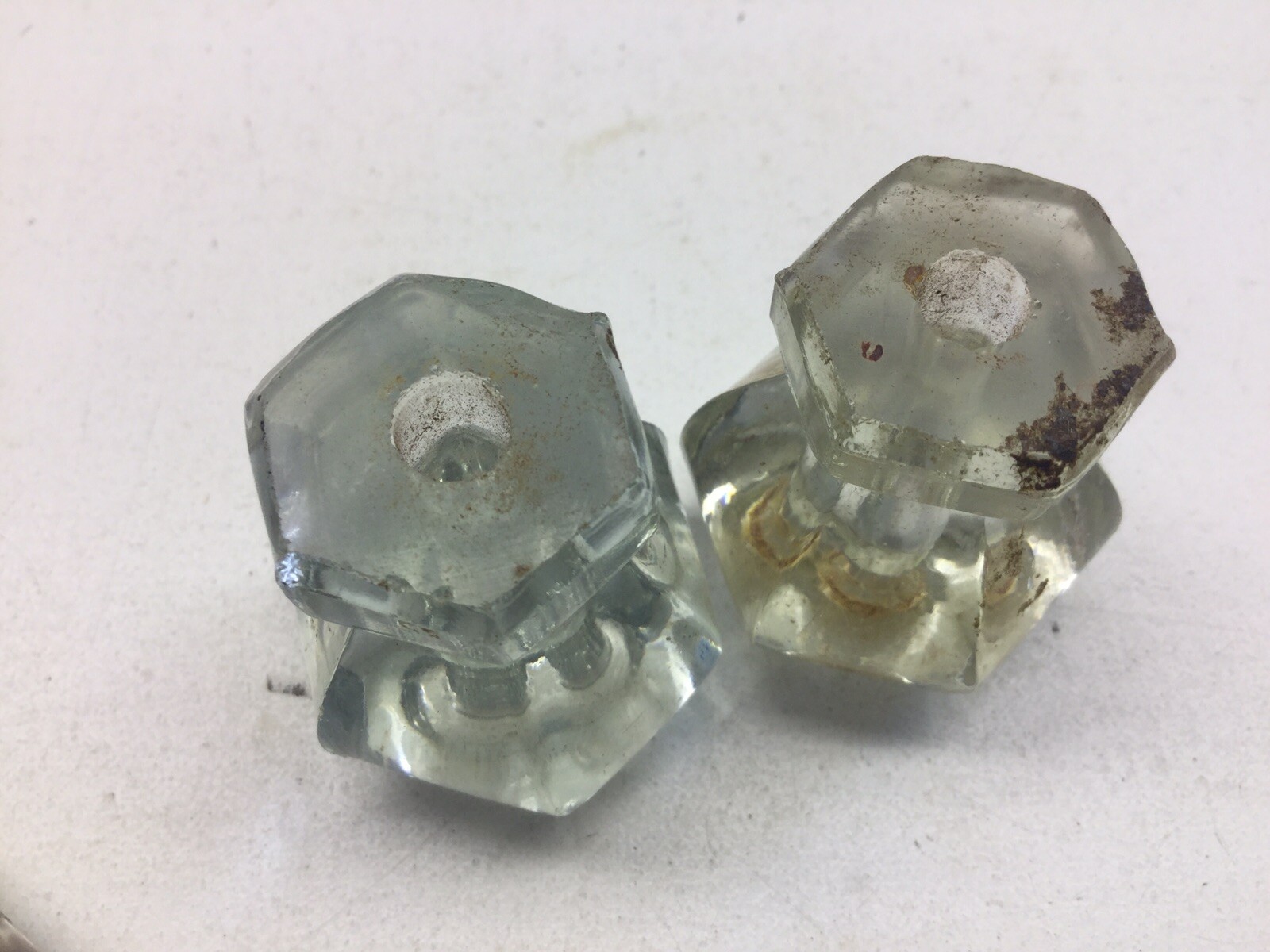 3 Vintage Hexagon Glass Knob Drawer Pulls One Etched