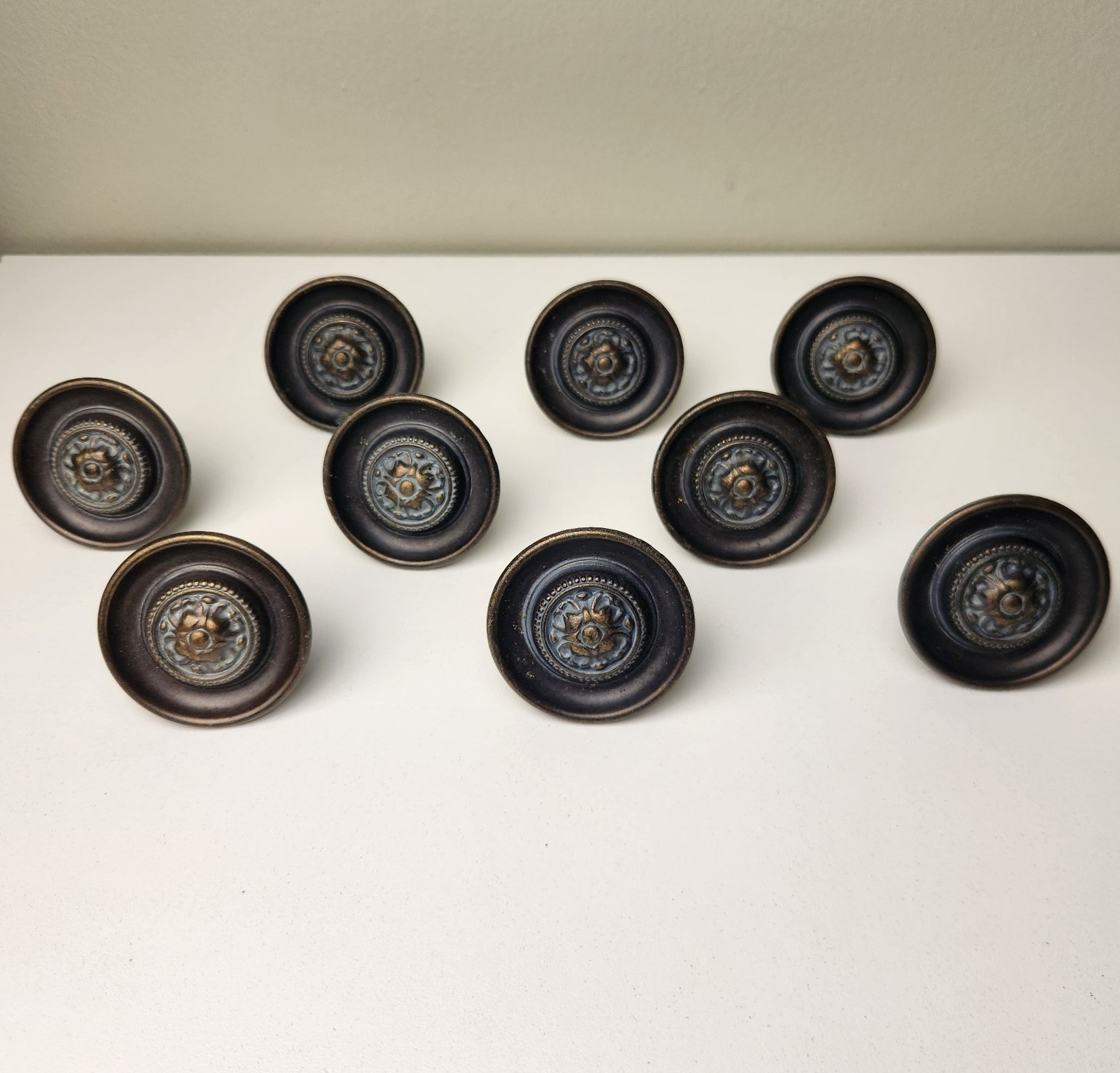 9 Vintage Drawer Knobs KBC-1 Handles Keeler Brass Co Floral N-5421 Bronze Beaded