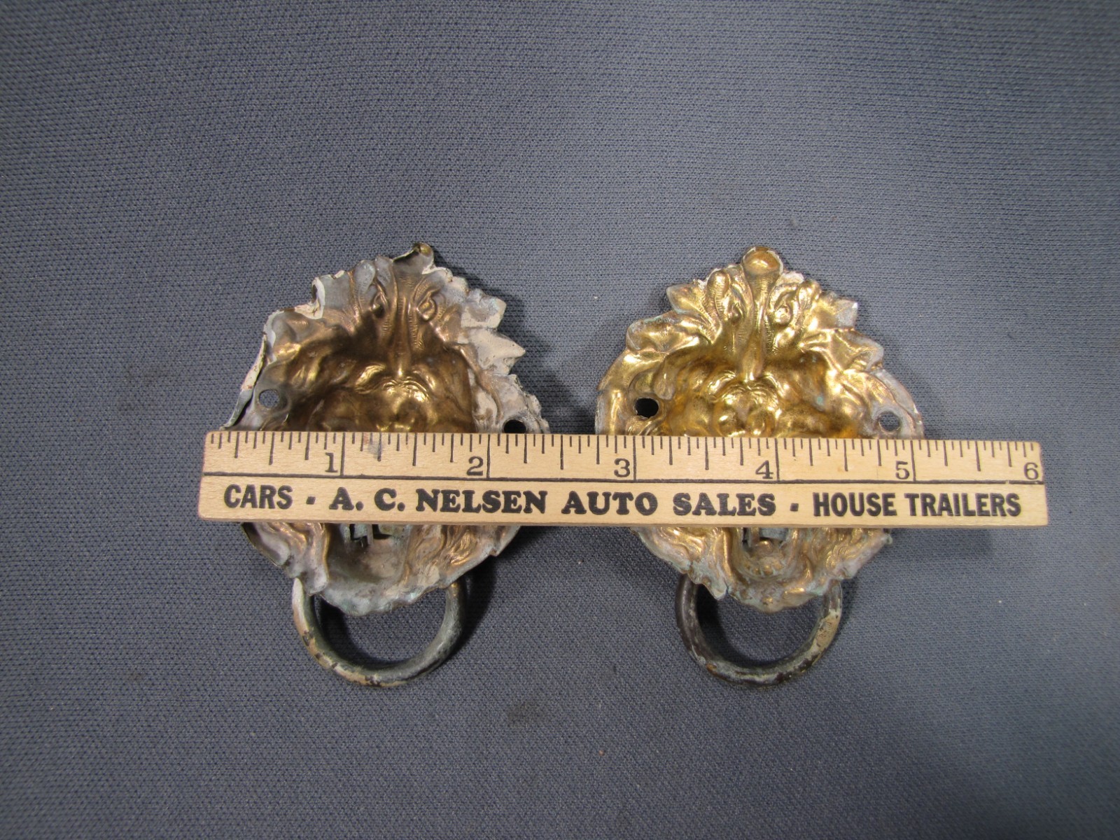 2 antique stamped brass lionhead drawer pulls with Ring