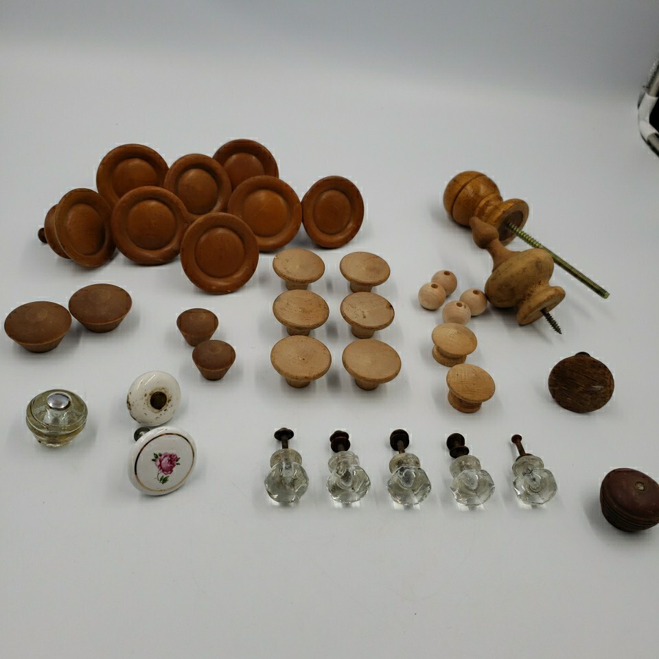 Vintage Lot of 28 Crystal Glass Wood Drawer Cabinet Pulls Knobs Handles Salvage
