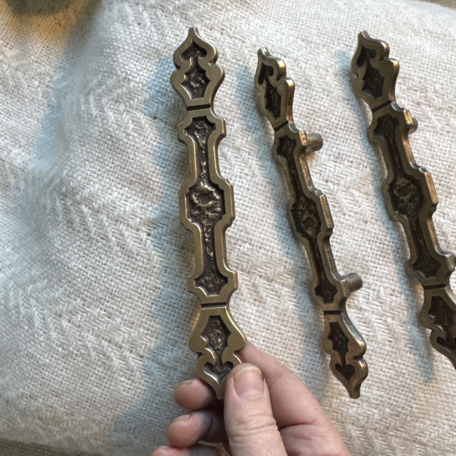 4 Antique Drawer Pull Handles (3″ Center) Brutalist Aged Vtg Hardware #578