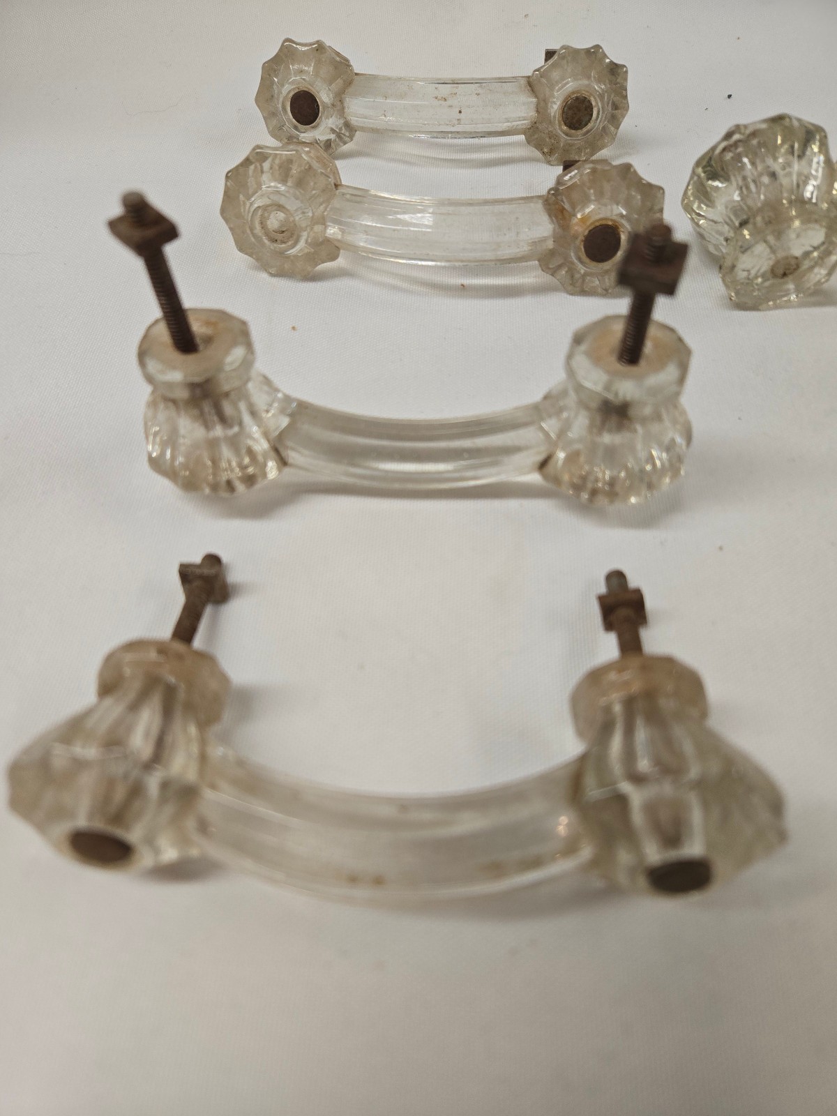 LOT of 11 Vintage Clear Glass Furniture HARDWARE Knobs Drawer Pulls 3” Center