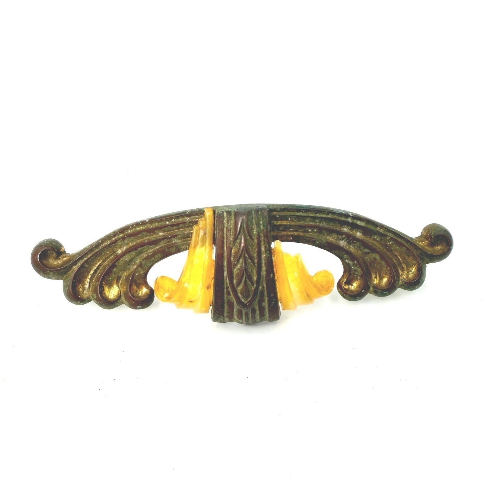 Vintage Art Deco Bakelite Brass Drawer Pull Butterscotch Yellow Winged Handle