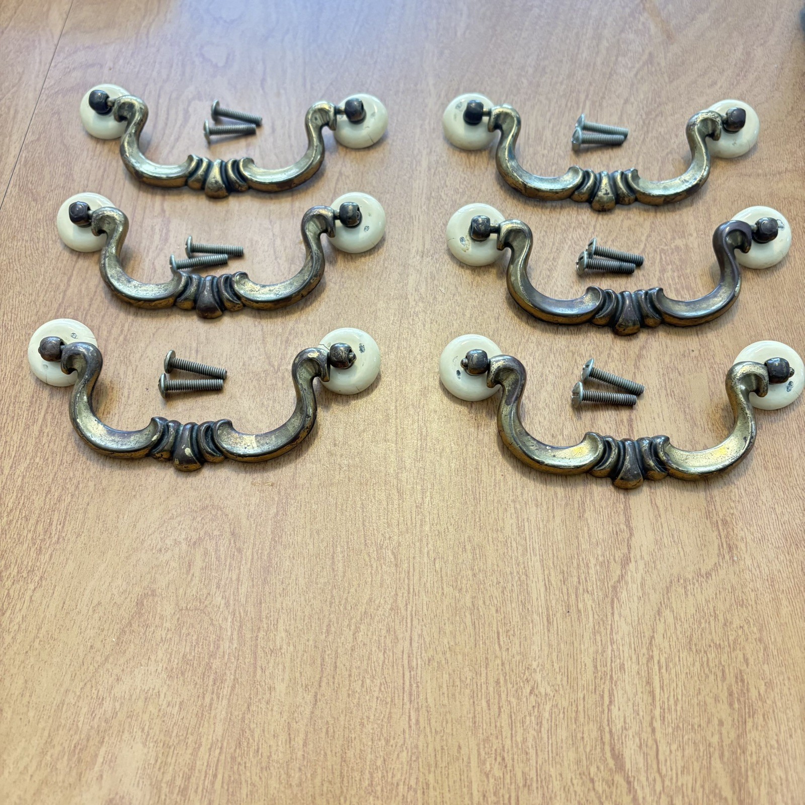 6-Keeler Brass Co BRASS HANDLES N10846 W/Original Hardware 30 piece total MCM 4″