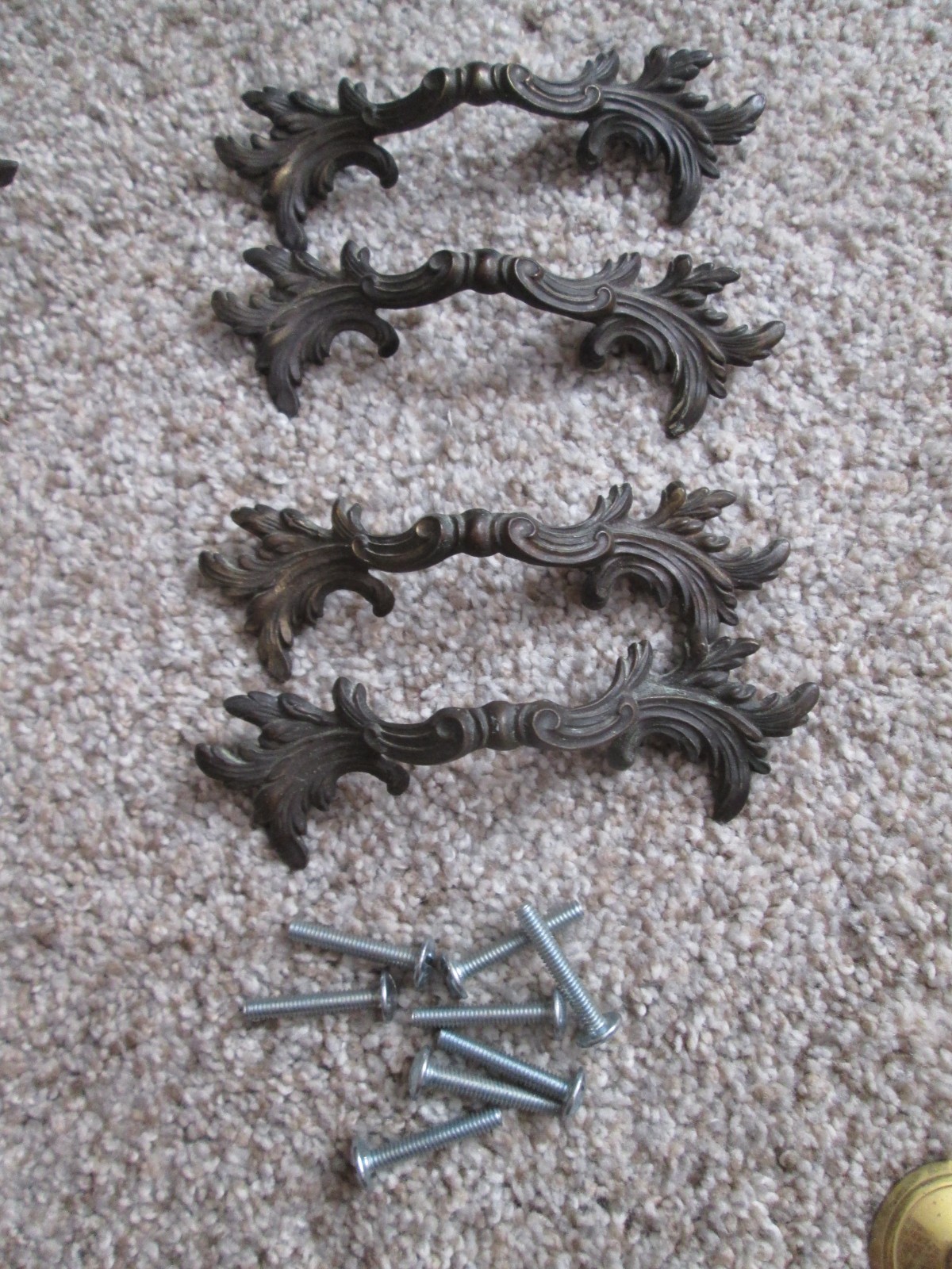 Vintage 4 brass French Provincial Drawer pull handles 2.5” C 4.5” long w/screws