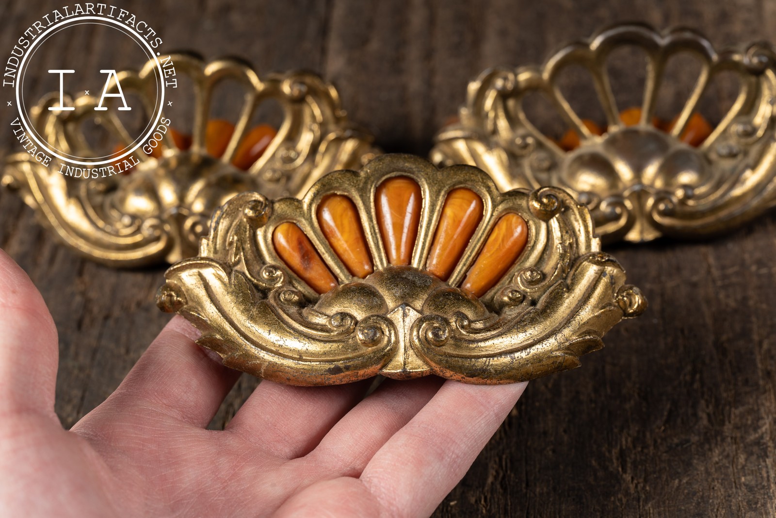 Three Brass Drawer Pulls With Bakelite Inserts