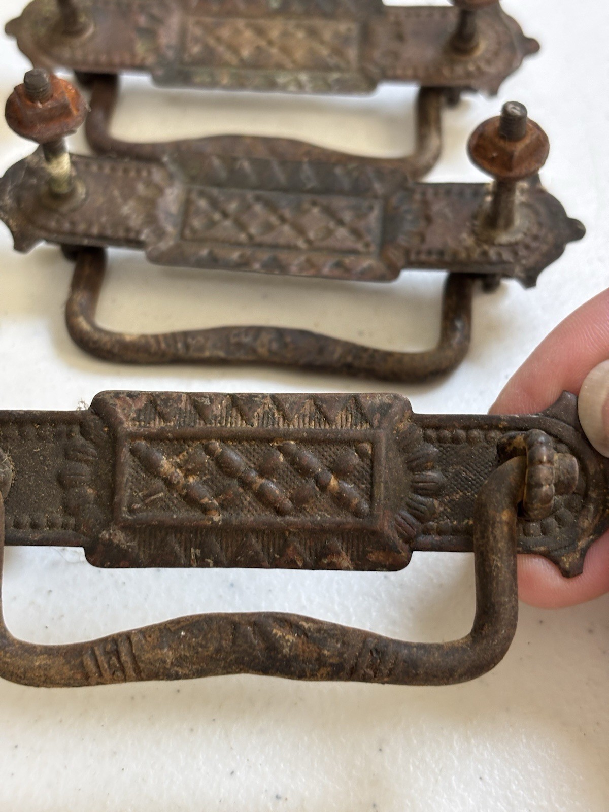 Antique Drop Bail Handles Drawer Dresser Ornate Brass Hardware 3”cc Set Of 3