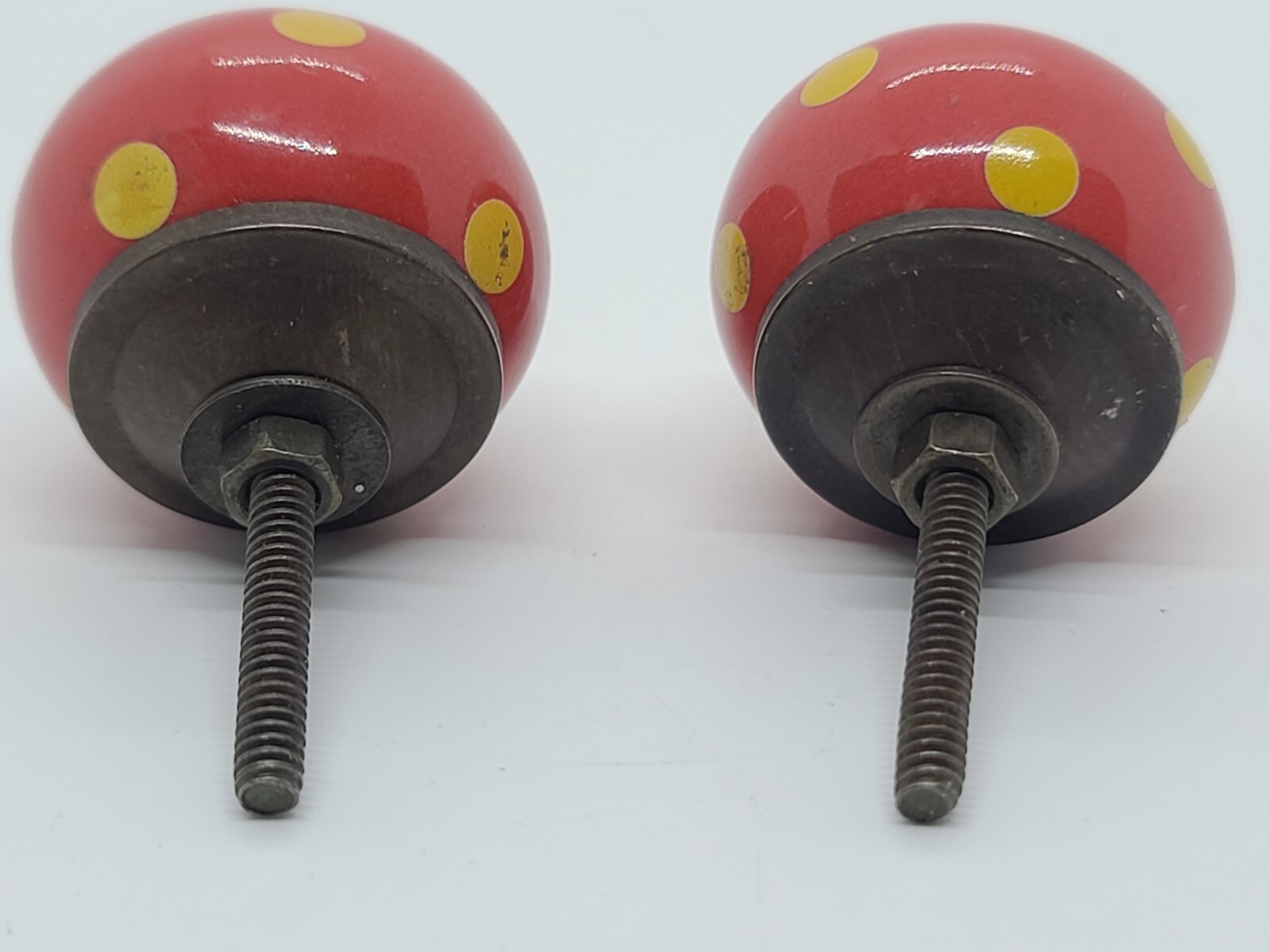 Antique Pair Red Round Porcelain with Yellow Spots Drawer Cabinet Pull Handles