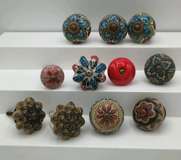 Lot of 11 Multi-Color Porcelain Drawer Pulls Cupboard Knobs Hobby Lobby style