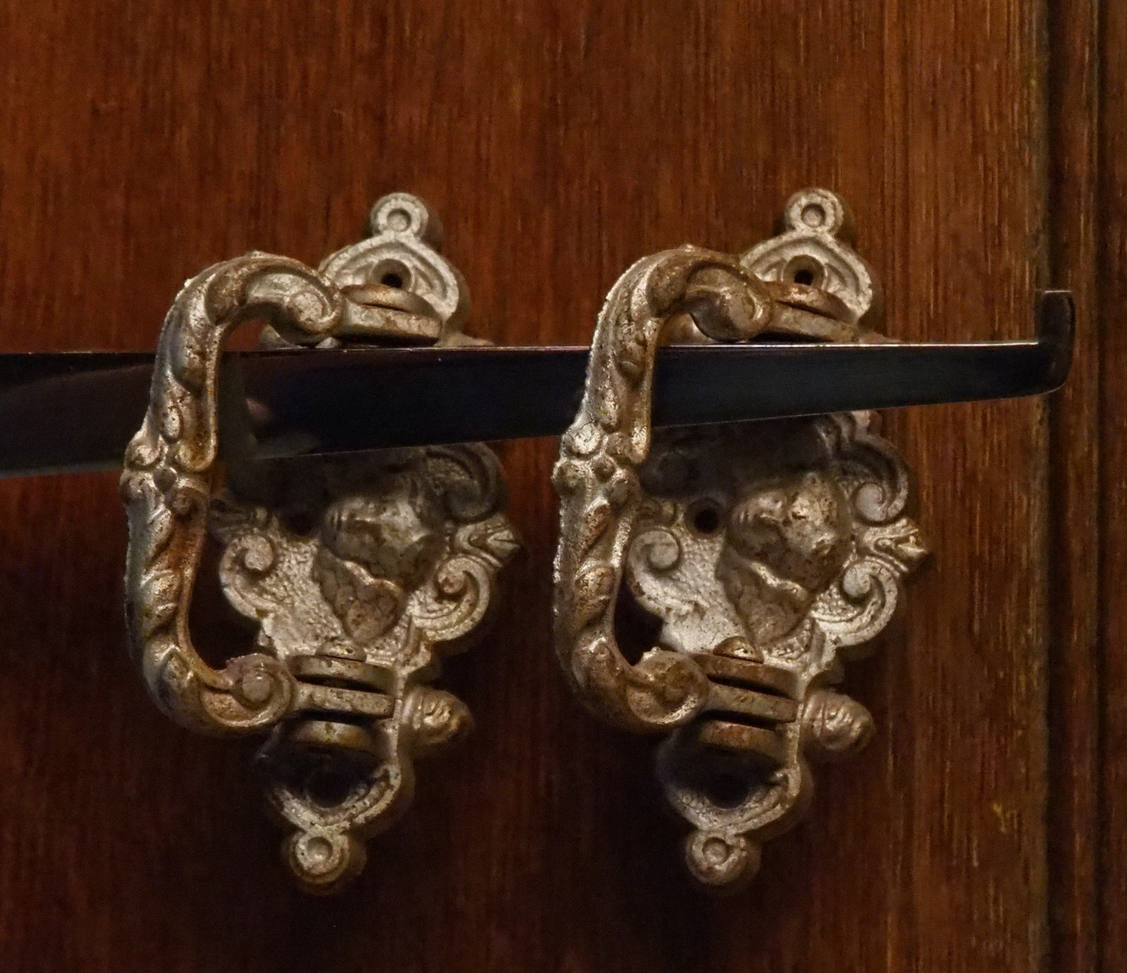 Antique French Pair of Gothic Silver look Child Coffin Handles Angel Head